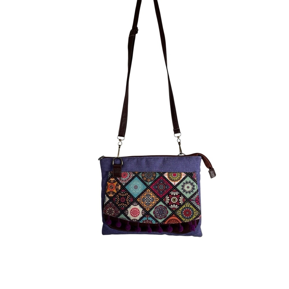 Boho Crossbody Bag Women Colorful Embroidered Pom Pom Tassel Strap